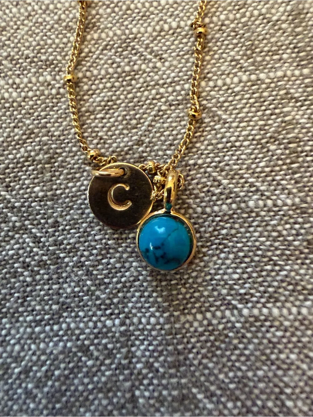 Vintage Gold Filled Chain Necklace with Turquoise Charm and C charm - Picture 5 of 8